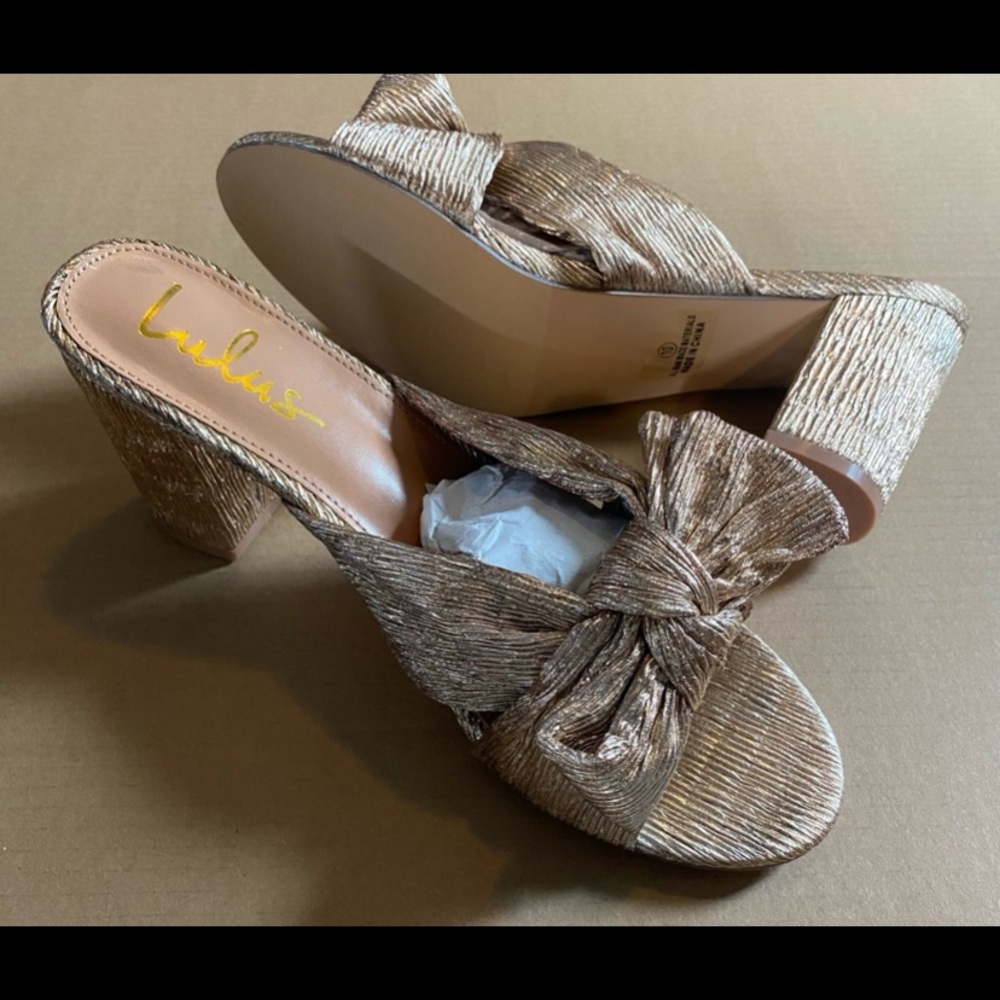 New Lulus Dorothea Metallic Rose Gold Bow Slip On Block Heel Size 10 - Picture 6 of 8